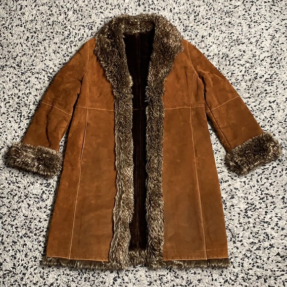 Marvin Richards Vintage Brown Leather Lined Fur Trim Long Coat XL